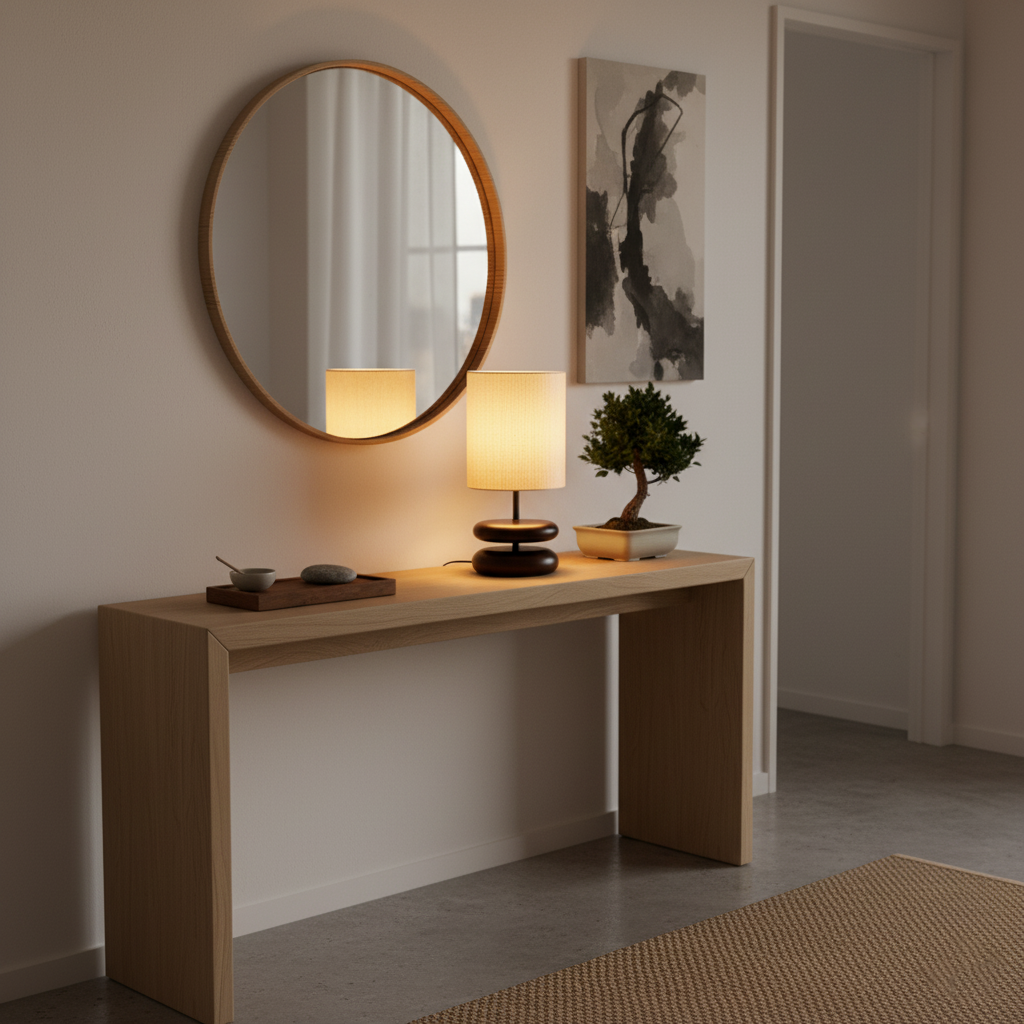 Camille Wooden River Rock Tischlampe mit Stoffschirm