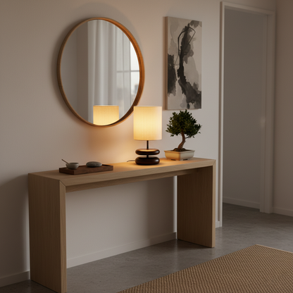 Camille Wooden River Rock Tischlampe mit Stoffschirm