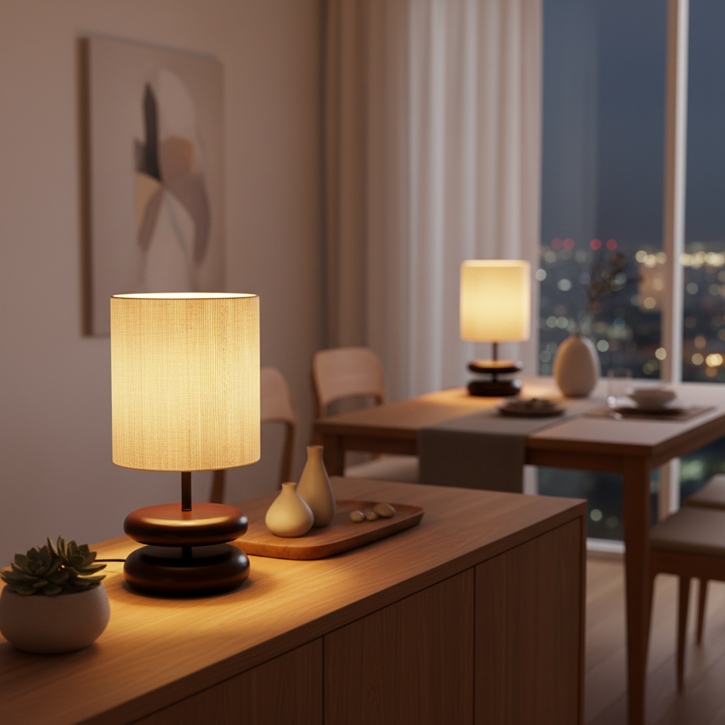 Camille Wooden River Rock Tischlampe mit Stoffschirm