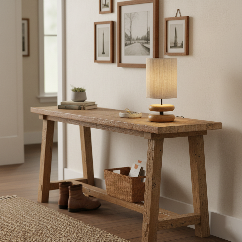 Camille Wooden River Rock Tischlampe mit Stoffschirm